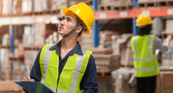 workers with yellow safety vests and hard hats holding clipboards in warehouse full of boxes, NYC microhub for final mile deliveries